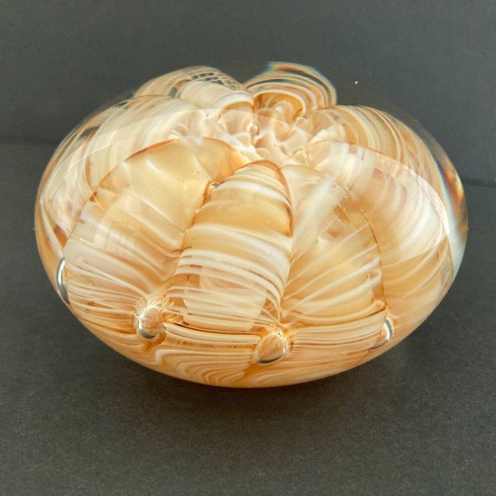 Joe Rice Art Glass Paperweight With Swirled Floral Gold Ribbon Design - Picture 8 of 10